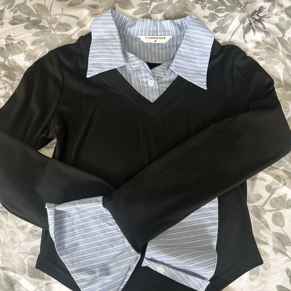 Commense Black and Blue Striped Layered Shirt